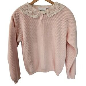 80s Vintage Impromptu Pastel Pink Lace Collar Sweater Womens 36 Large